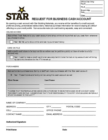 Buisness Cash Account Form